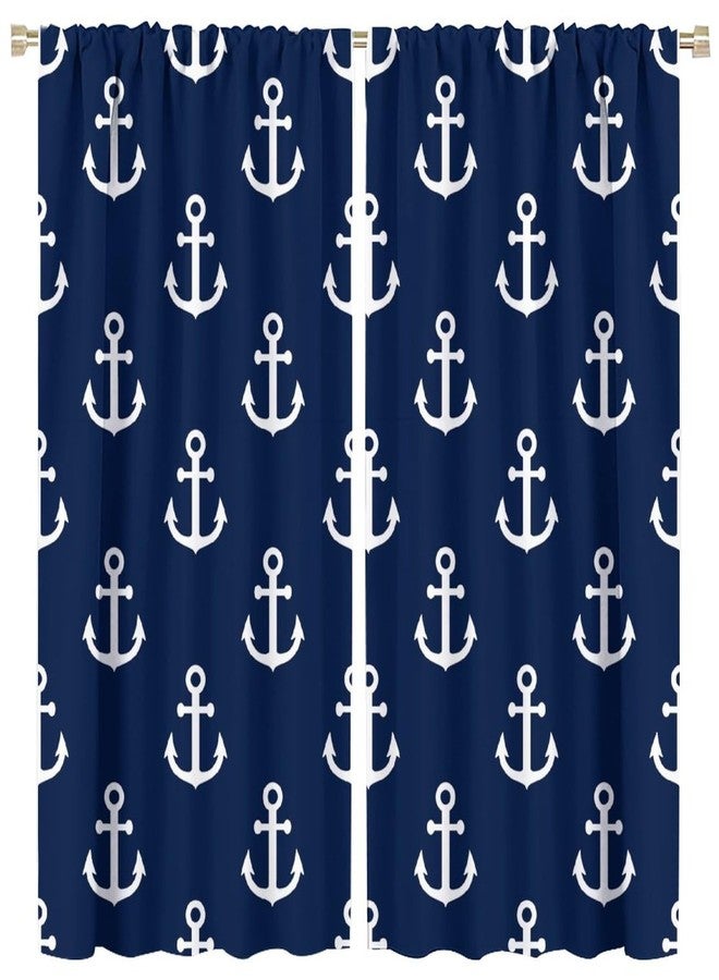 JADERYS Anchor Curtains Vintage Rustic Ocean Nautical Style Navy Blue White Bedroom Living Room Bathroom Blackout Rod Pocket Decoration Window Drapes 42x45in - Image 1